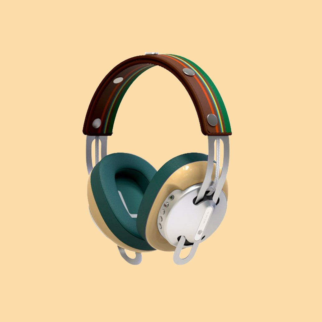 Starry Silver Modular Headphones with Yellow with Green Cushions and Brown-Green Line Headband - Main