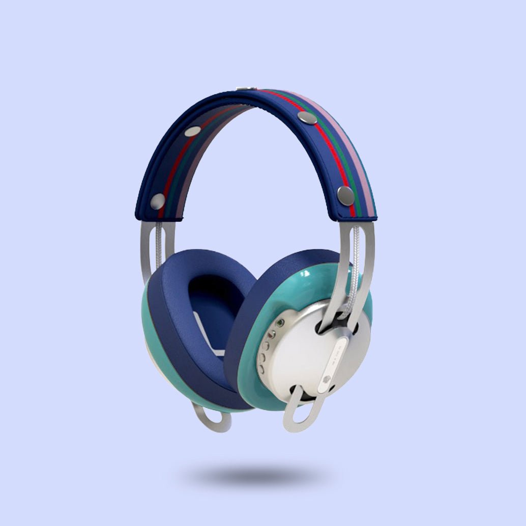 Starry Silver Modular Headphones with Green with Blue Cushions and Blue-Red Line Headband - Main