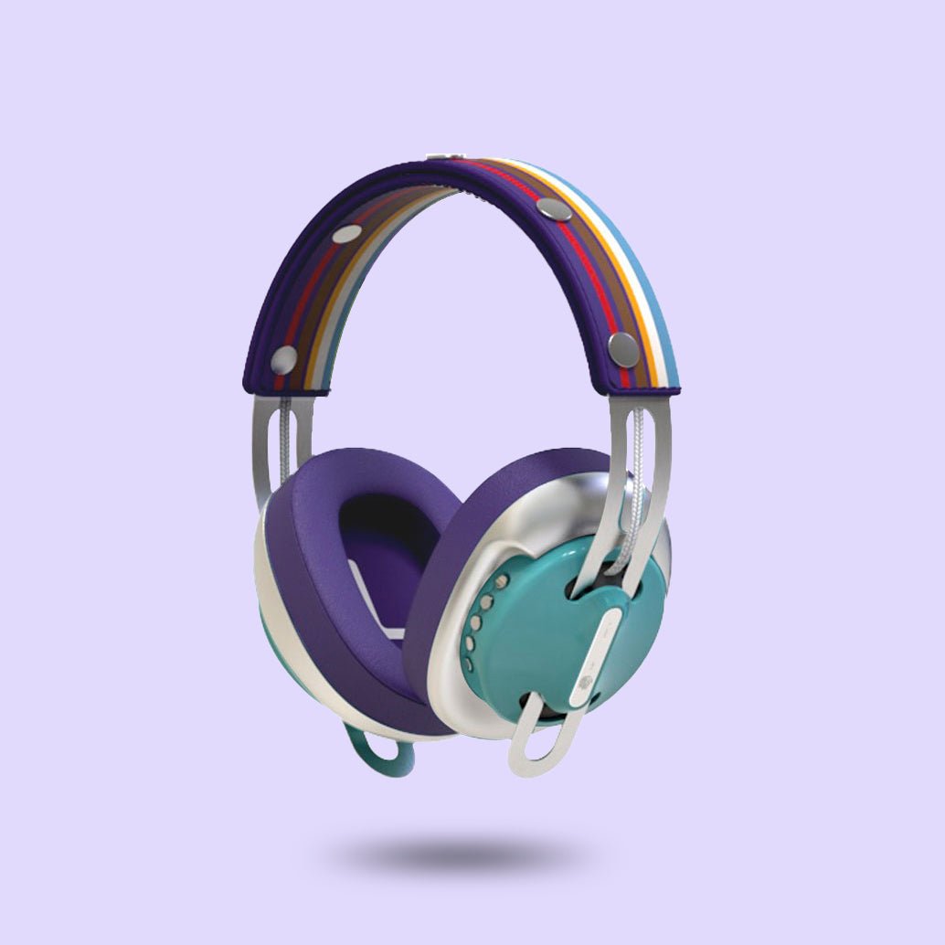 Retro Green Modular Headphones with Silver with Purple Cushions and Purple-Blue Line Headband - Main