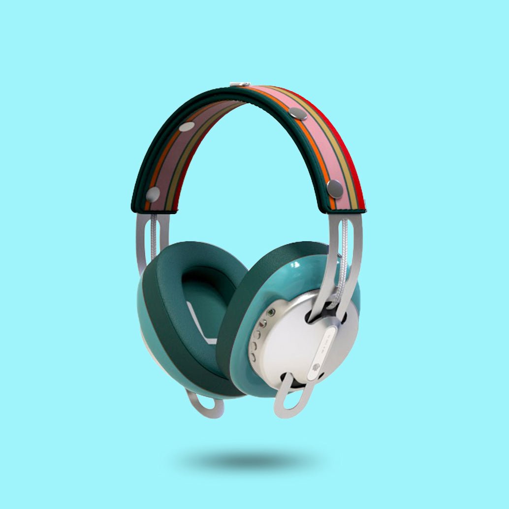 Starry Silver Modular Headphones with Green with Green Cushions and Red-Green Line Headband - Main