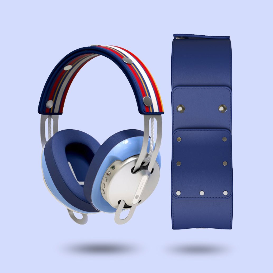 Starry Silver Modular Headphones - Blue with Blue Cushions and Blue-Yellow Line Headband Components