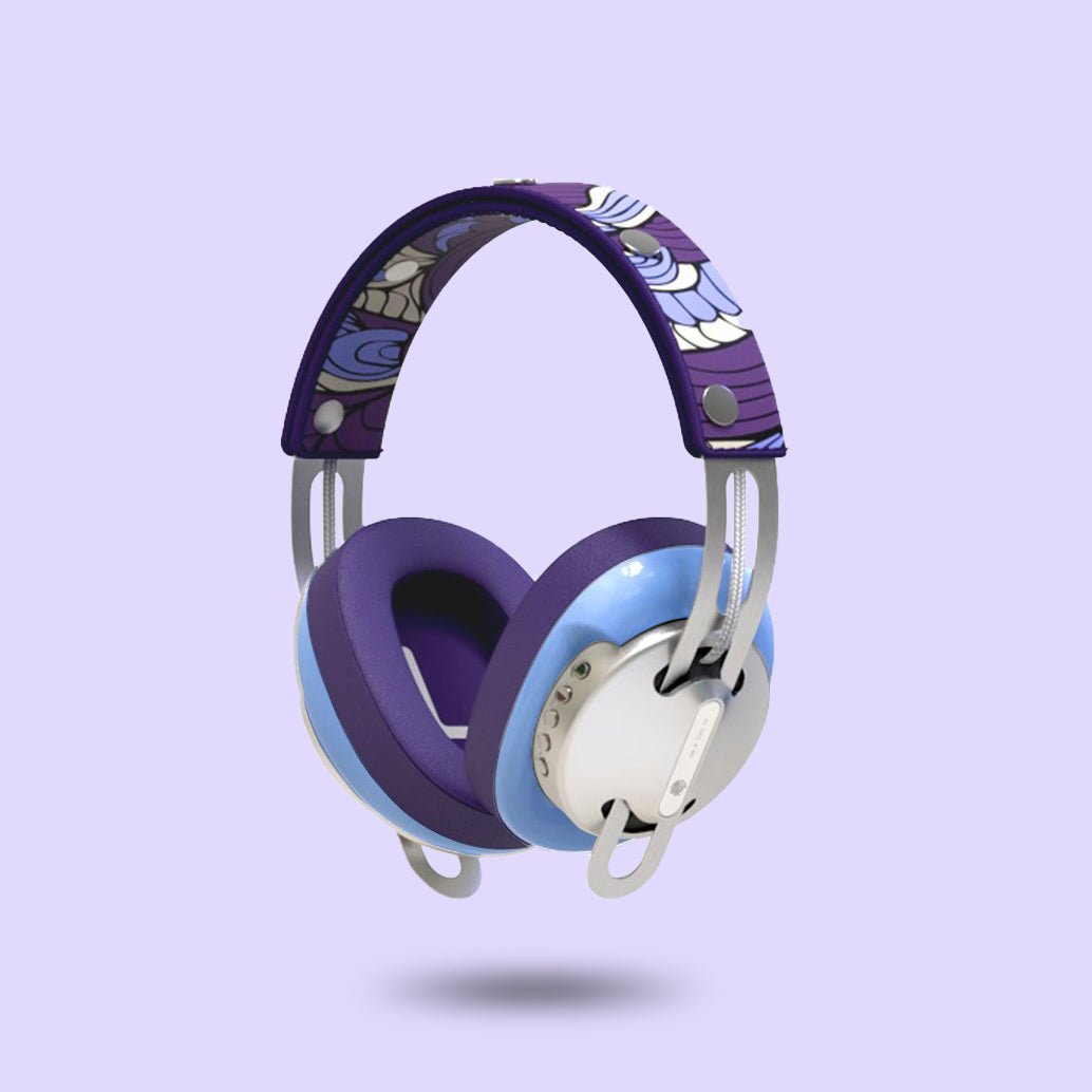 Starry Silver Modular Headphones with Blue with Purple Cushions and Purple Totem Headband - Main