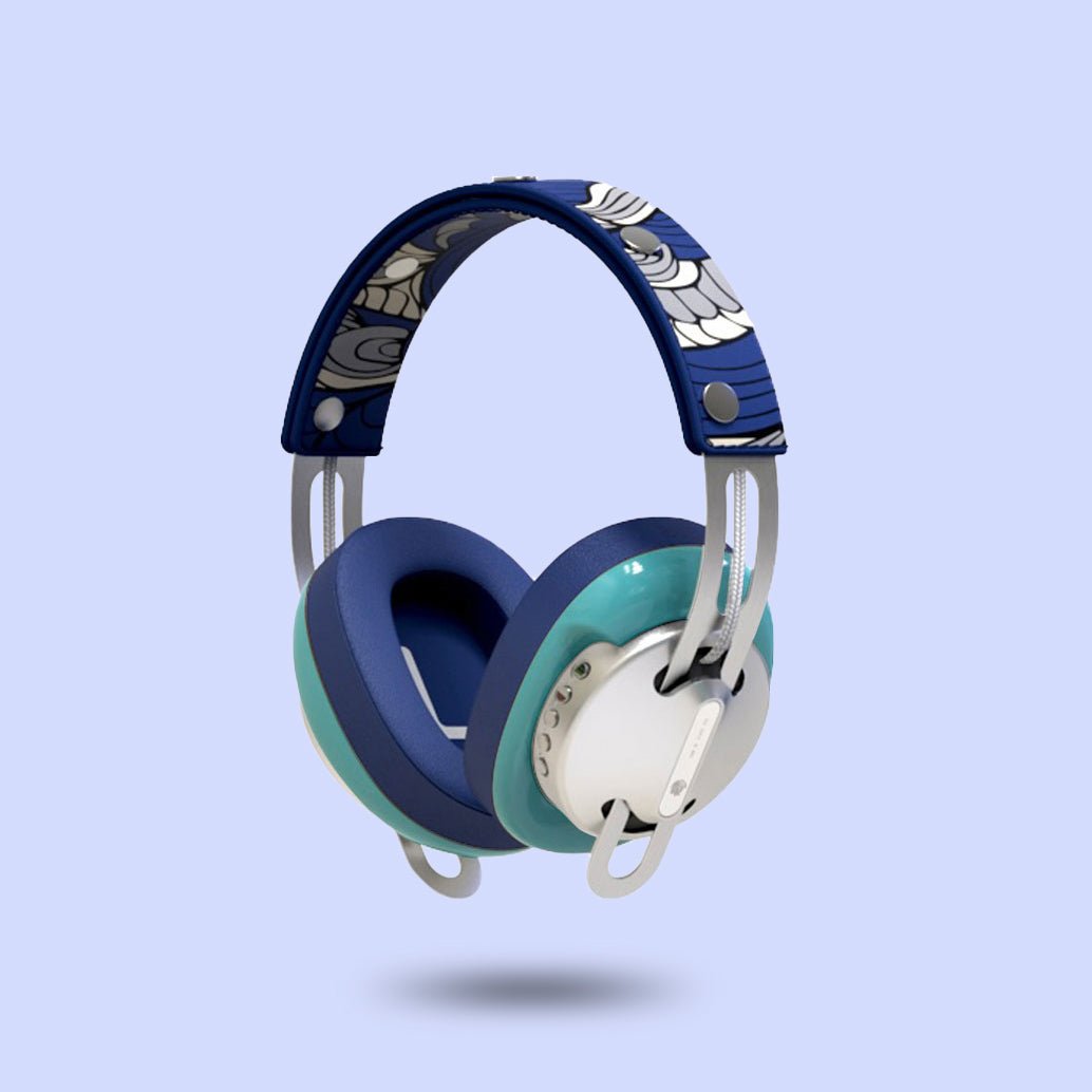 Starry Silver Modular Headphones with Green with Blue Cushions and Blue Totem Headband - Main