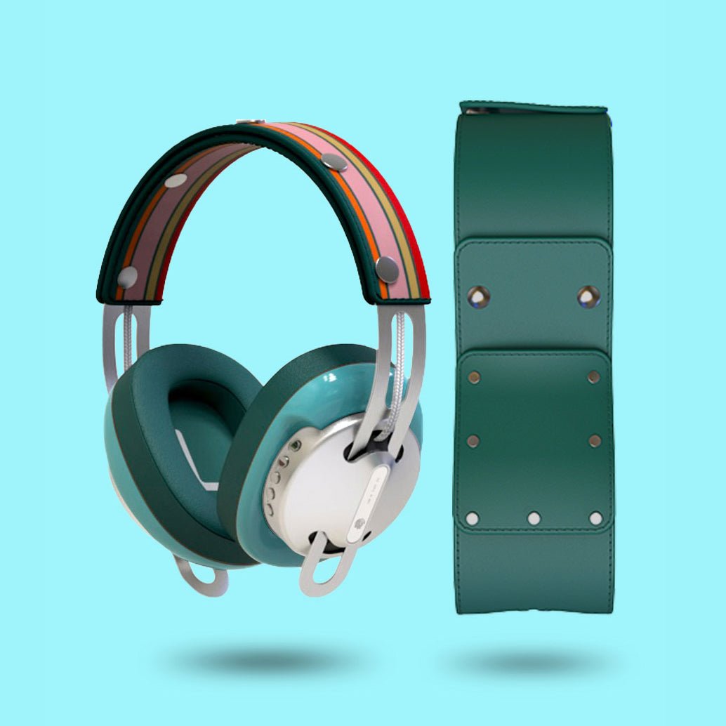 Starry Silver Modular Headphones - Green with Green Cushions and Red-Green Line Headband Components