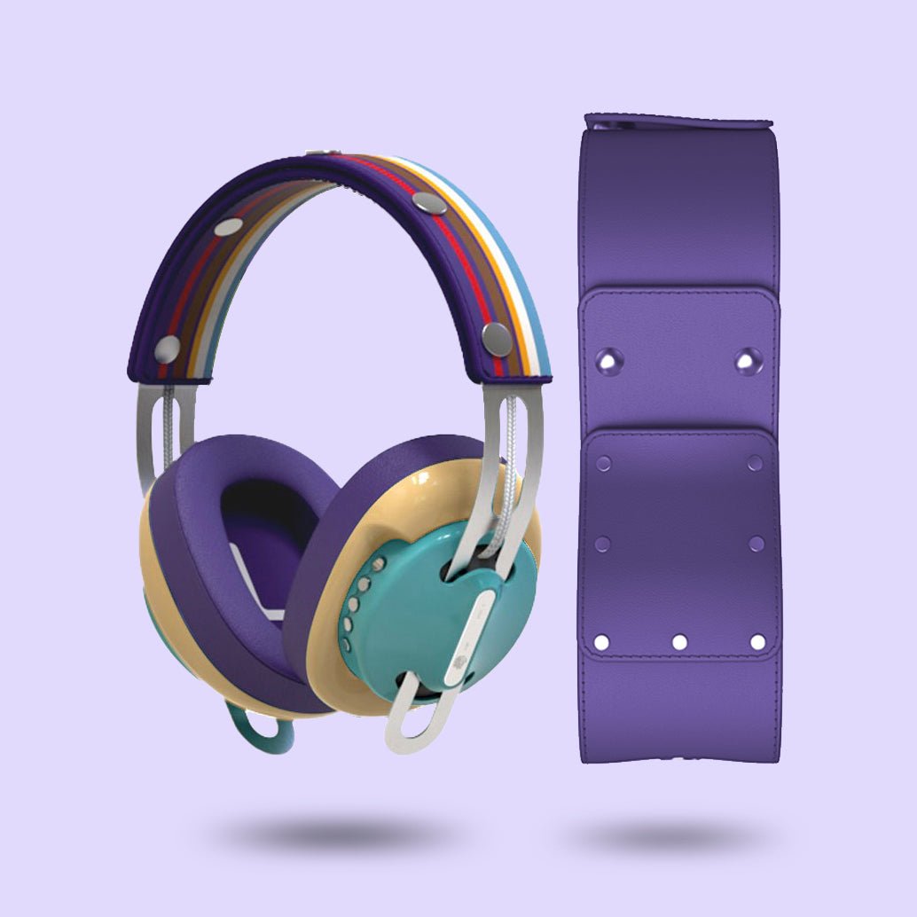 Retro Green Modular Headphones - Yellow with Purple Cushions and Purple-Blue Line Headband Components