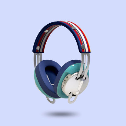 Starry Silver Modular Headphones with Green with Blue Cushions and Blue-Yellow Line Headband - Main