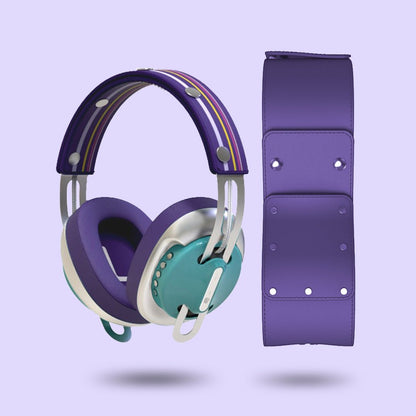 Retro Green Modular Headphones - Silver with Purple Cushions and Purple-Yellow Line Headband Components