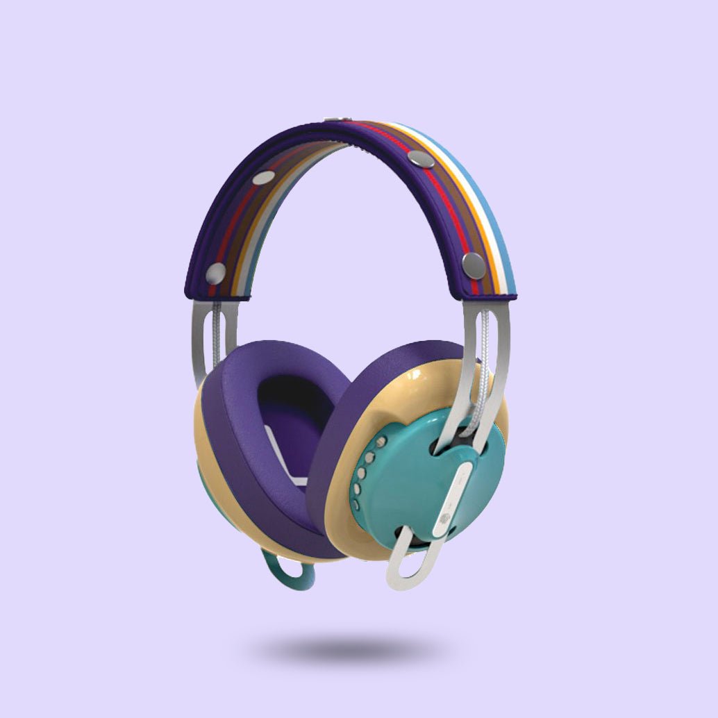 Retro Green Modular Headphones with Yellow with Purple Cushions and Purple-Blue Line Headband - Main
