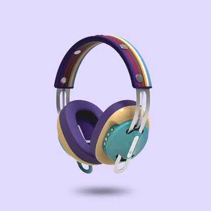 Retro Green Modular Headphones with Yellow with Purple Cushions and Purple-Blue Line Headband - Main
