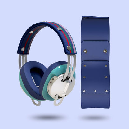 Starry Silver Modular Headphones - Green with Blue Cushions and Blue-Red Line Headband Components