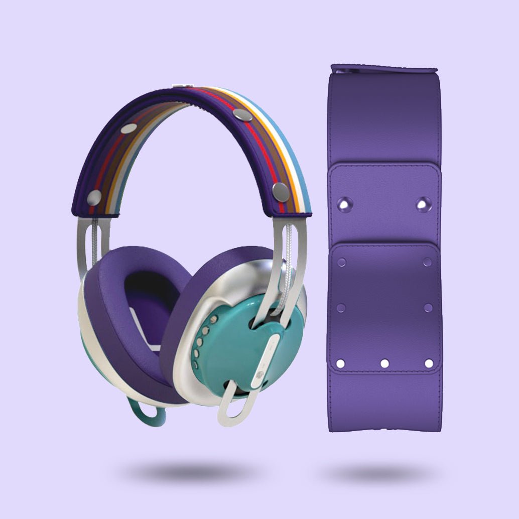 Retro Green Modular Headphones - Silver with Purple Cushions and Purple-Blue Line Headband Components