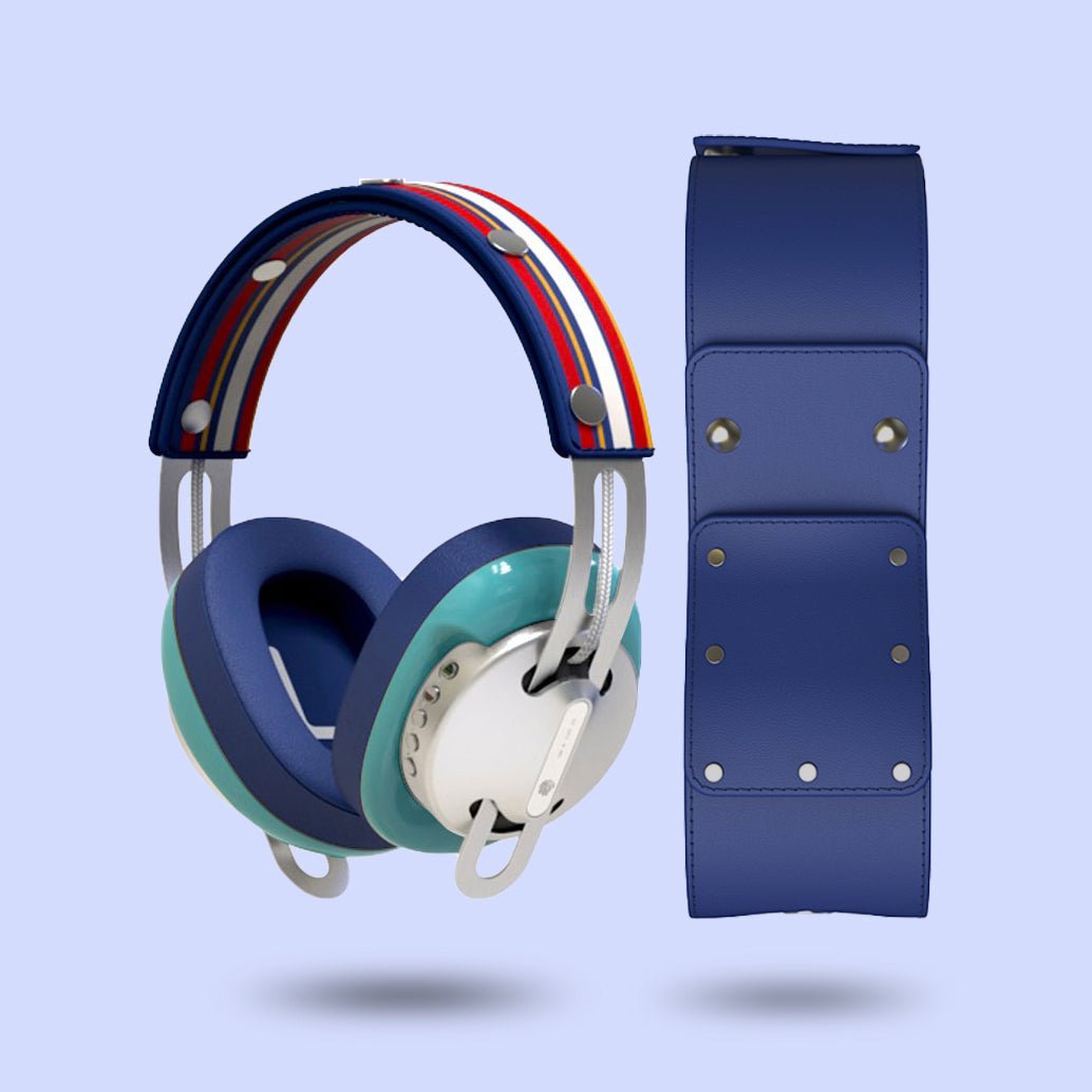 Starry Silver Modular Headphones - Green with Blue Cushions and Blue-Yellow Line Headband Components