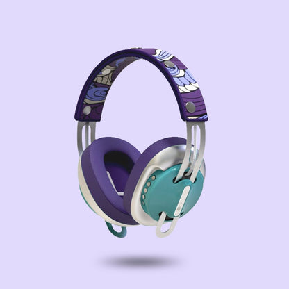 Retro Green Modular Headphones with Silver with Purple Cushions and Purple Totem Headband - Main