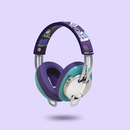 Starry Silver Modular Headphones with Green with Purple Cushions and Purple Totem Headband - Main