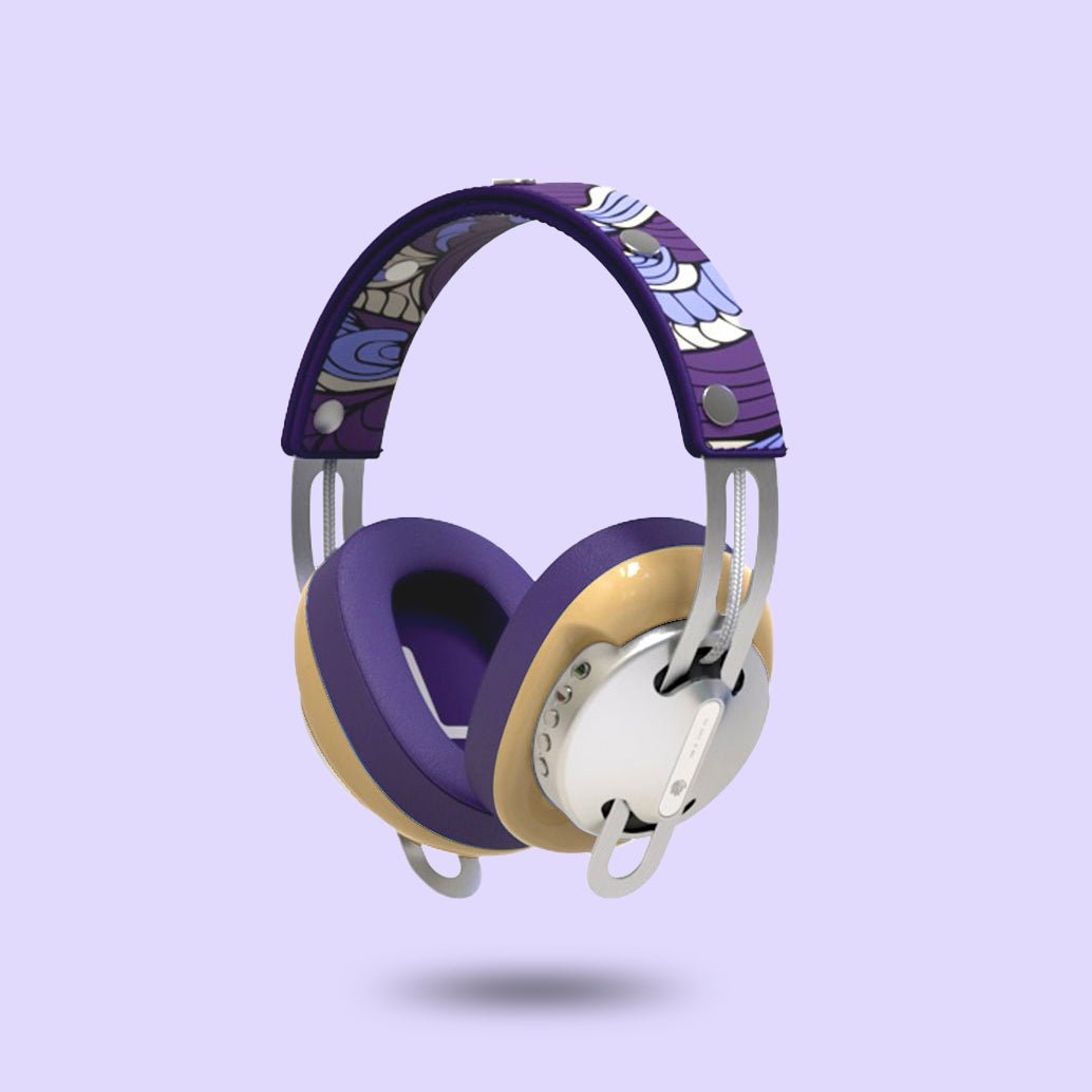 Starry Silver Modular Headphones with Yellow with Purple Cushions and Purple Totem Headband - Main