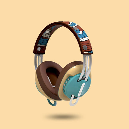 Retro Green Modular Headphones with Yellow with Brown Cushions and Brown Totem Headband - Main