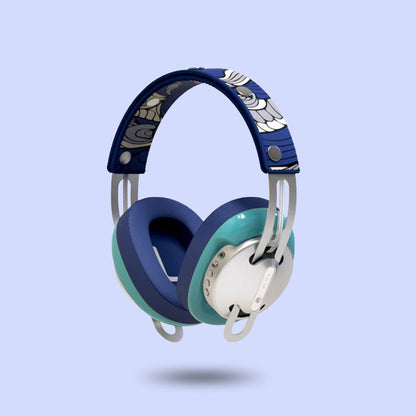 Starry Silver Modular Headphones with Green with Blue Cushions and Blue Totem Headband - Main